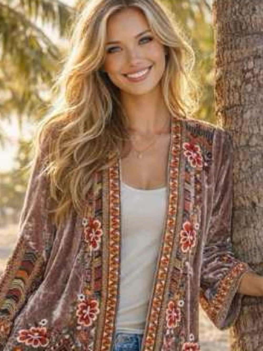Johnny Was Waleska Velvet Silk Draped Cardigan S Rose Kimono Embroidered Boho - Picture 4 of 15